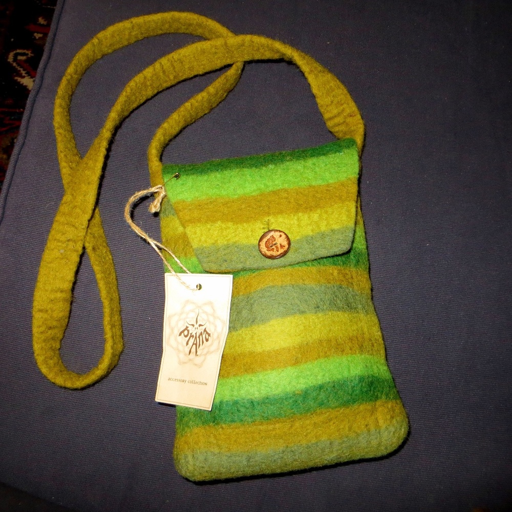 PrAna olive green striped wool felt crossbody bag NEW with tags!